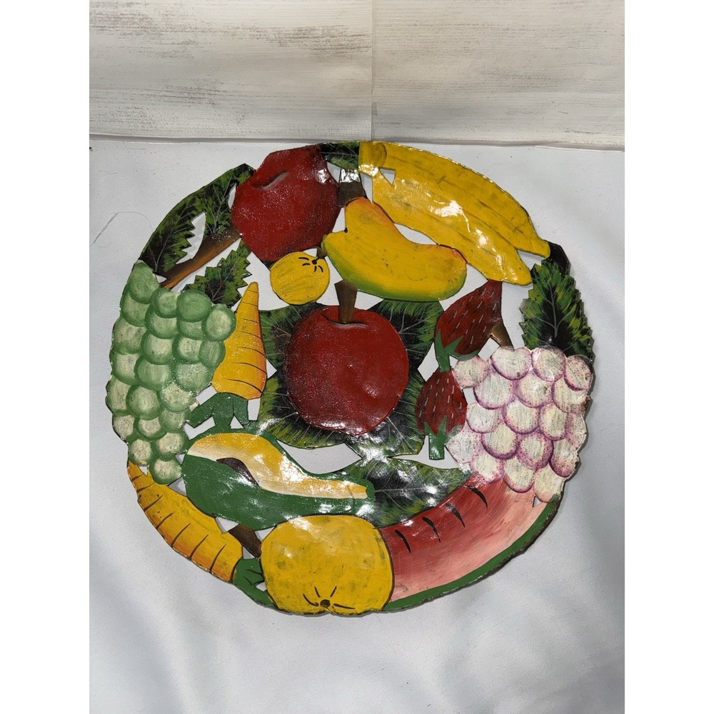Vtg Handmade Toleware‎ Metal Fruit Plate Wall Plaque 10" diameter